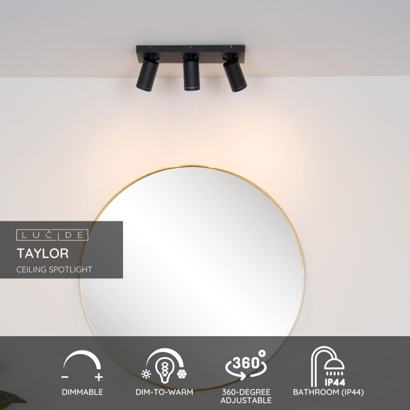 Lucide TAYLOR - Stropné bodové svietidlo Kúpeľňa - LED Dim to warm - GU10 - 3x5W 2200K/3000K - IP44 - Black